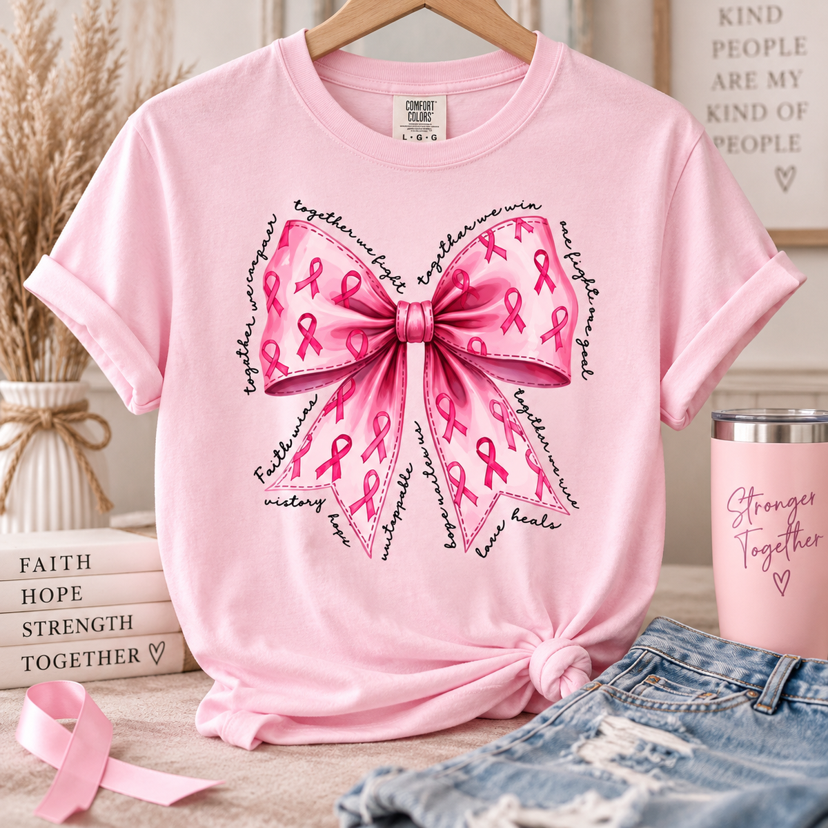 Together We Fight Pink Ribbon Bow Comfort Colors Tee